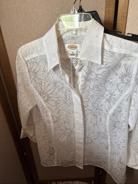 Talbots Collection White Floral Sheer Button-Up Shirt 10
